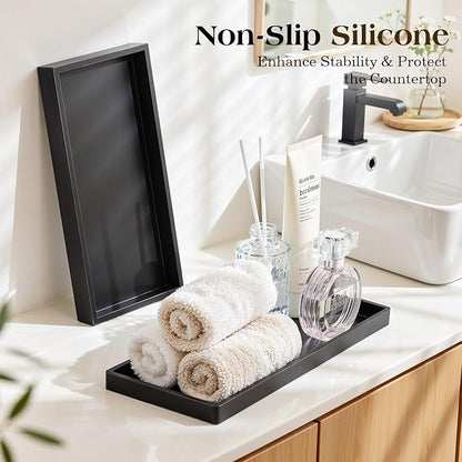 Luxspire Bathroom Vanity Tray, 11.8 x 5.1 Silicone Kitchen Counter Tray for Soap Dispenser, Bathroom Countertop Organizer for Perfume Soap Towel Bathroom Accessories, 2 Packs, Matte Black