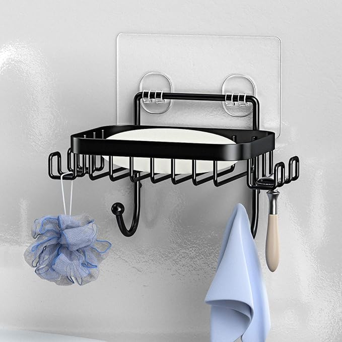 ODesign Soap Dish Holder SUS304 Stainless Steel with 6 Hooks Loofah Bath Sponge Towel Razor Holder for Bathroom Shower Kitchen Adhesive Wall Mounted No Drilling-Black-1 Pack