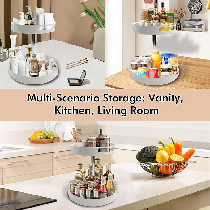 360° Rotating Bathroom Countertop Organizer, Metal Makeup Organizer for Vanity,2-Tier Spinning Storage Tray for Bathroom,Kitchen,Living Room,Multi-Purpose Countertop Shelf,White Lazy Susan