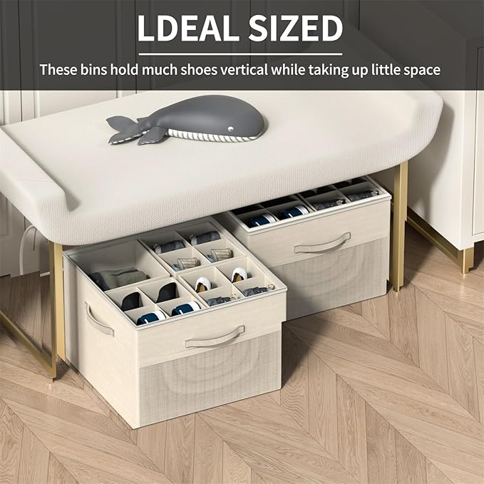 Aokeyee Shoe Organizer for Closet,Foldable Shoe Storage Organizer Box Bin with Adjustable Dividers and Clear Cover, Fits up to 16 Pairs