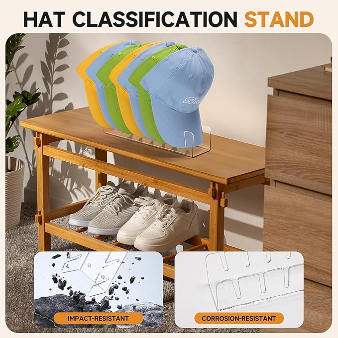 Acrylic Baseball Cap Organizer Rack 4-Pack - Holds 28 Hats, No Install Space Saving Display Stand for Closet, Bedroom, Entryway (Clear)