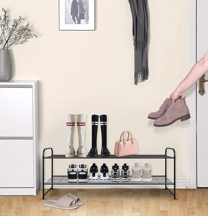 KEETDY 2-Tier Long Shoe Rack for Closet Metal Shoe Organizer for Entryway, Wide Stackable Shoe Storage Shelf with Sturdy Wire Grid for Closet Floor, Bedroom, Black