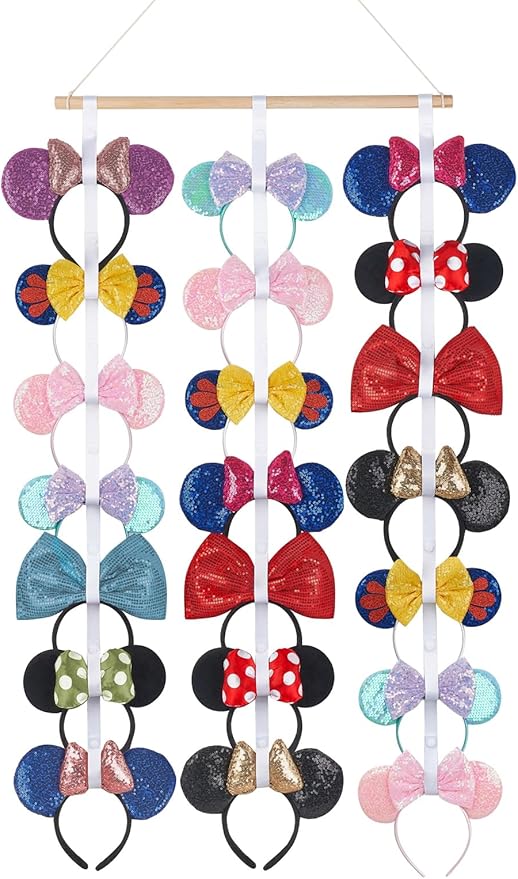 Dahey Mouse Ears Headband Holder Organizer Wooden Hanging Hairband Storage Display Hair Accessories for Girls Bedroom Living Room Wall Decor
