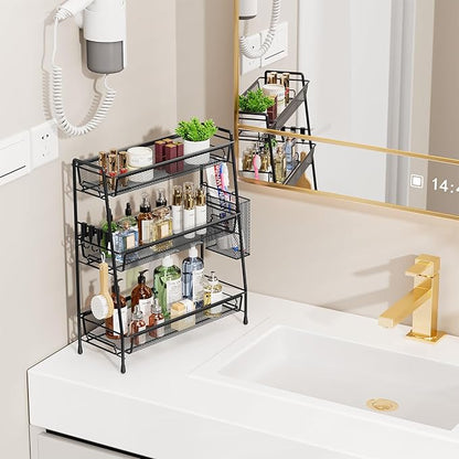 VITVITI 3-Tier Bathroom Organizer Countertop, Metal Wire Mesh Bathroom Counter Organizer Storage with Basket Hooks, Vanity Tray Shelf, Kitchen Spice Rack (Black)