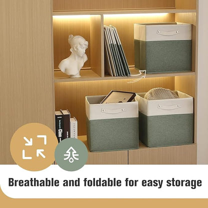 FinishingBo 13 x 13 Inch Fine Linen Storage Bins with Handles，Fabric Cube Boxs，Basket Organizers for Shelves for Home, Closet Drawers (White/Green-6 Pack)