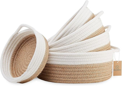 NaturalCozy 5-Piece Round Small Woven Baskets Set– Cotton Rope Baskets for Organizing! Montessori Toys, Fruits Remotes Key Tray Bowl for Entryway Desk, Shallow Catchall Home Décor, Cat Dog Bin Gift