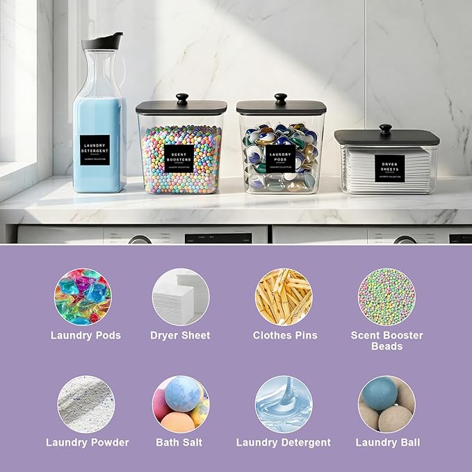 POLRAI Laundry Pod Containers and Dryer Sheet Holder and Laundry Detergent Dispenser Clear Laundry Room Organization and Storage with Wooden Lids Labels and spoon （2+1+1 Pack）