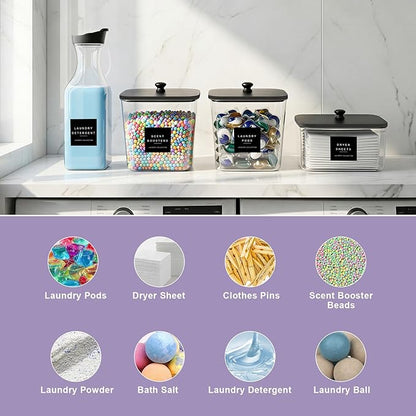 POLRAI Laundry Pod Containers and Dryer Sheet Holder and Laundry Detergent Dispenser Clear Laundry Room Organization and Storage with Wooden Lids Labels and spoon （2+1+1 Pack）