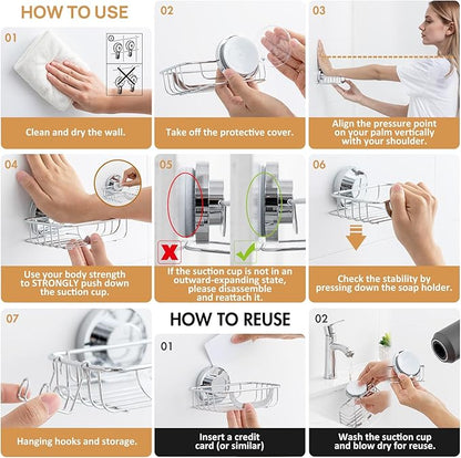LEVERLOC Soap Holder Shower with Hooks, Bar Suction Cup Soap Dish Tray for Wall, Rust-Proof Stainless Steel Sponge Caddy for Bathroom Accessories Organizer Bathtub Kitchen Sink, Silver