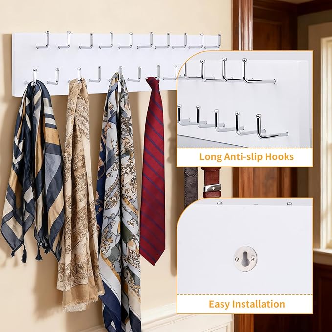 Belt Organizer Holder Wooden Belt Hanger for Closet Wall Mount Belt Storage Rack Tie Bra Scarf Hanger Holds Over 40 Large Belts (White)