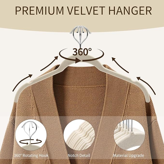 30 Pack Premium Velvet Shirt Hangers, Non-Slip Slim Flocked Felt Hangers, Space-Saving Coat Hanger with 360° Swivel Hook for Sweaters, Tops, Blouses, Strappy Dresses