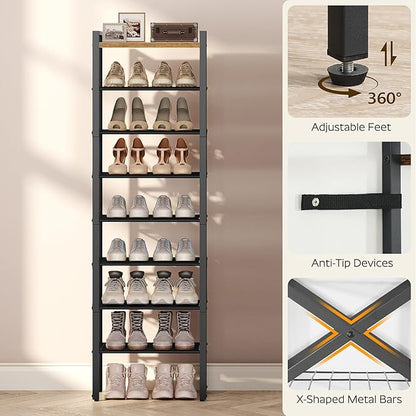YATINEY 8-Tier Narrow Shoe Rack, Tall Shoe Rack for 8-16 Pairs, Slim Shoe Storage Organizer with Wooden Top, Space Saving, Metal Frame, for Entryway, Rustic Brown and Black SS608BR