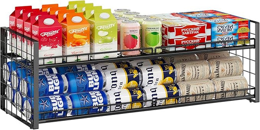 Sbanmao Extra-Long 2-Tier Stackable Can Organizer for Pantry, Sturdy Can Holder for Canned Soup Food Goods Storage up to 64 Cans, Black