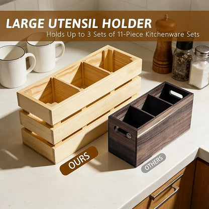 13" Large Wooden Utensil Holder, 3 Compartments Kitchen Countertop Caddy for Cooking Utensils & Silverware, Farmhouse Style Organizer with Handle