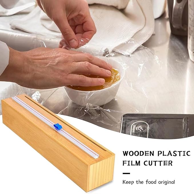 BigKing Wooden Plastic Wrap Dispenser with Cutter - Aluminum Foil Holder, Wax Paper Storage Box for Refrigerator, Kitchen Bamboo Organizer, Compatible with 13" Roll