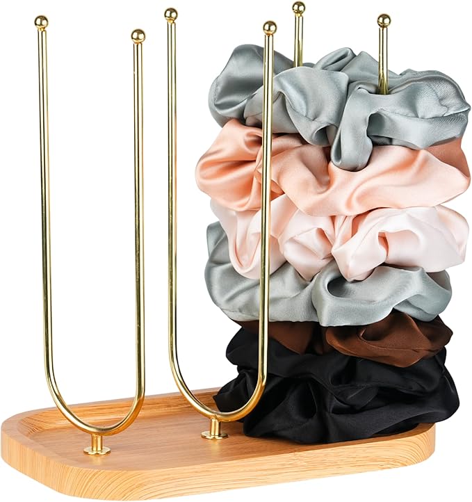 NEWLOOP Scrunchie Holder for Women - Triple Storage 3 Rotating Rods 6-Arm Hair Accessory Organizer with Jewelry Tray Wood & Metal Collection Holder Gift for Loved Ones Natural