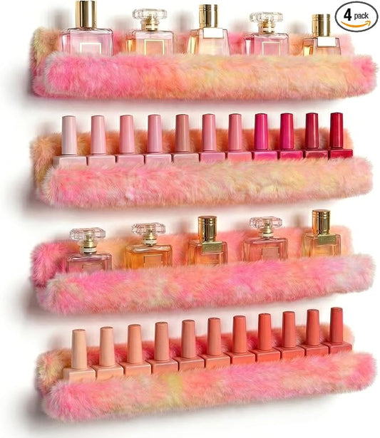 Fuzzy Orange Nail Polish Rack Wall Mounted Makeup Organizer, Soft Plush Decorative Floating Shelf for Lipstick, Skincare, Collectibles, Playful Room Decor for Girls, Vanity Storage for Bedroom Salon