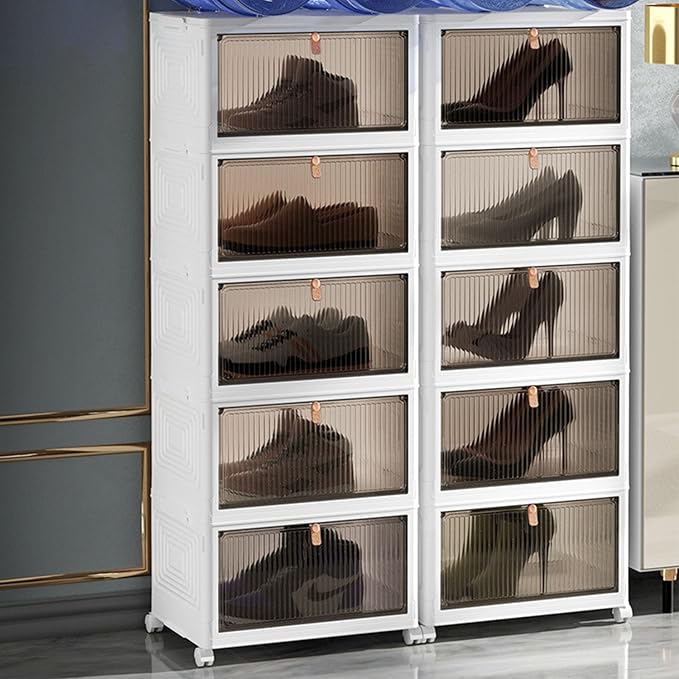 Shoe Storage Box 6 Pack Clear Plastic Stackable Shoe Organizer with Magnetic Door and Wheels for Sneakers Boots Closet Entryway (6 Layers)