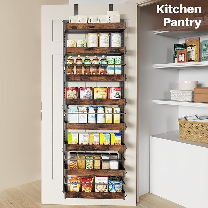 8 Tier Over The Door Pantry Organizer, 2 IN 1 Wall Mount or Metal Hanging Spice Rack for Pantry Organizers and Storage, Seasoning Shelves，Adjustable Basket with Hooks for Kitchen Cabinet and Closet