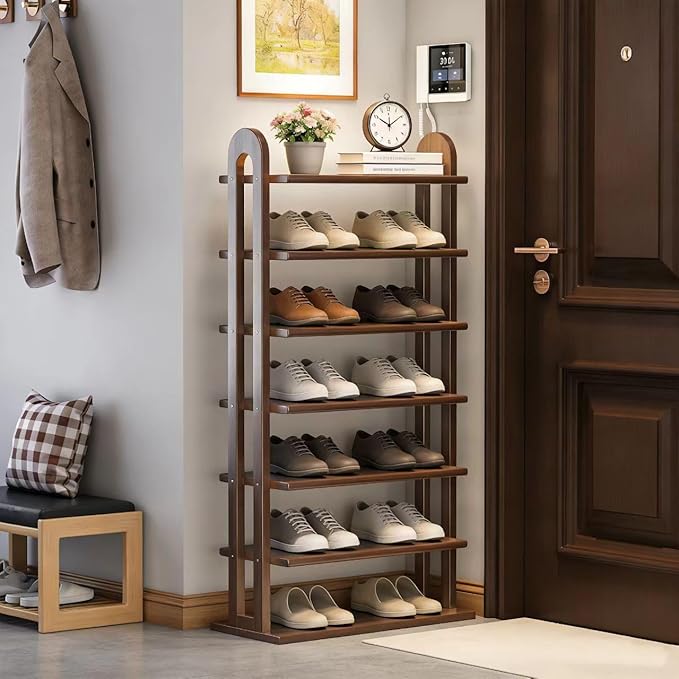 Vertical Shoe Rack - 7 Tier Tall Narrow Shoe Rack Organizer for Small Spaces, Skinny Shoe Shelf Space Saving Shoe Storage, Solid Wood Shoe Shelf for Entryway, Closet, Corner, Doorway, Walnut