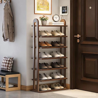 Vertical Shoe Rack - 7 Tier Tall Narrow Shoe Rack Organizer for Small Spaces, Skinny Shoe Shelf Space Saving Shoe Storage, Solid Wood Shoe Shelf for Entryway, Closet, Corner, Doorway, Walnut