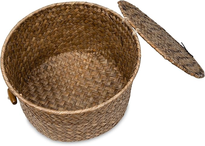 Seagrass Handmade Basket with Lid, Small Round Basket for Storage, Decorative Home Organizer Decor(7"L x 7"W x 5"H, Coffee)