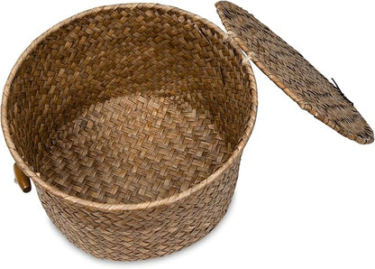 Seagrass Handmade Basket with Lid, Small Round Basket for Storage, Decorative Home Organizer Decor(7"L x 7"W x 5"H, Coffee)