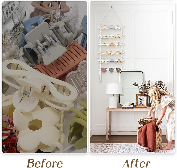 SNOWSTAR Macrame Hair Claw Clip Organizer,White Hanging Hair Clip Holder and Storage for Women Girls,Claw Clip Hanger Home Decor for Wall,Door,Closet
