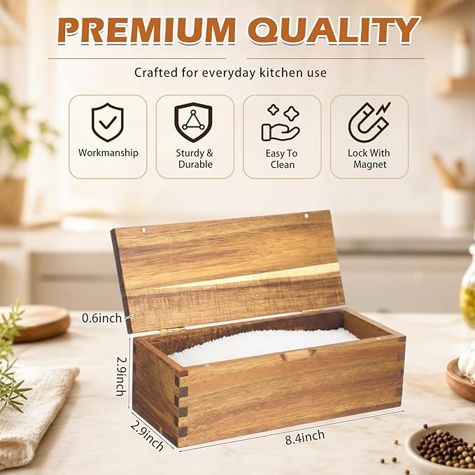 Acacia Wood Salt Cellar Spice Box with Magnetic Lid 29oz Large Capacity Salt Organizer 1 Compartments for Kitchen Countertop, Pepper, Seasonings, Spices, Grilling & Cooking