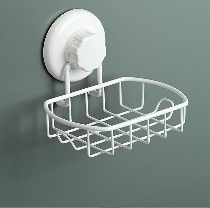 HASKO Suction Cup Soap Dish for Shower Wall, Rustproof Stainless Steel Shower Soap Holder with Hooks for Bathroom, Includes Optional No Drill Adhesive Mount and Soap Savers, 2 Pack, White
