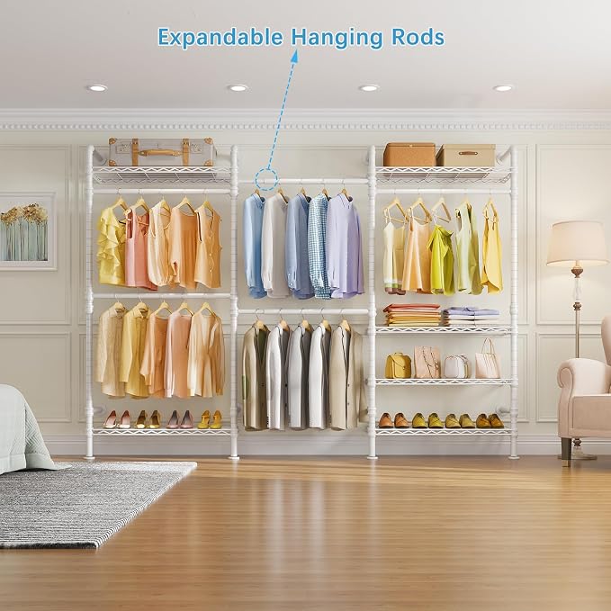Timate L3 L Shape Garment Rack Heavy Duty Clothes Rack for Hanging Clothes, Expandable Industrial Pipe Wall Mounted Clothing Rack, Adjustable Corner Closet Wardrobe Closet Kit Closet Systems, White