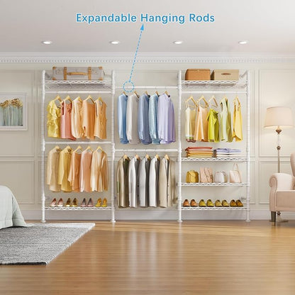 Timate L3 L Shape Garment Rack Heavy Duty Clothes Rack for Hanging Clothes, Expandable Industrial Pipe Wall Mounted Clothing Rack, Adjustable Corner Closet Wardrobe Closet Kit Closet Systems, White