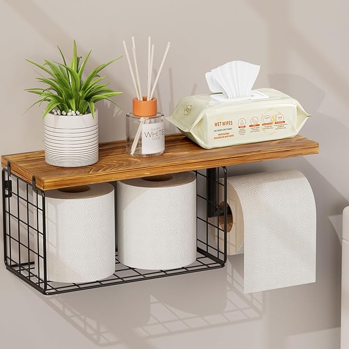 VITVITI Toilet Paper Holder with Shelf, Wall Mounted Toilet Paper Storage Basket, Wood Metal Toilet Roll and Wipes Holder for Bathroom Farmhouse (Brown)