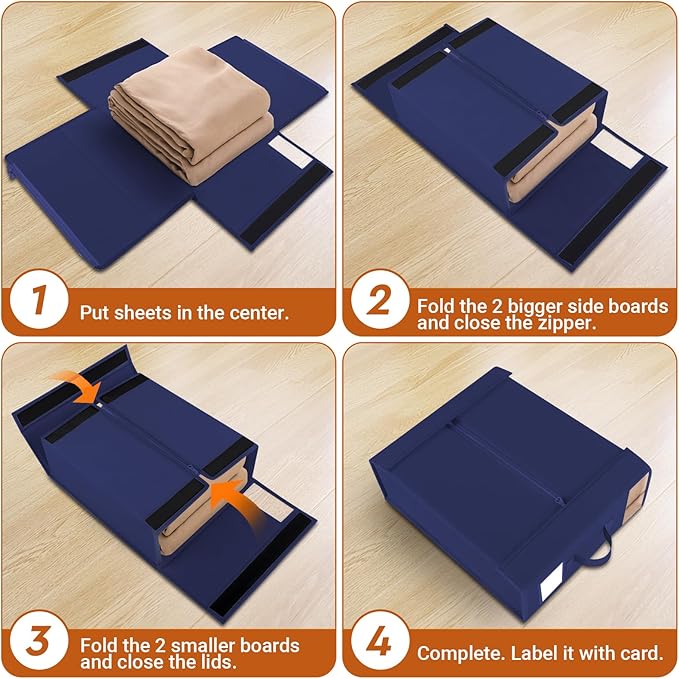 StorageTastic 6 Pack Bed Sheet Closet Organizers and Storage,Sturdy Foldable Storage Containers with Window and Label,Storage and Organization for Bedding Sheets,Duvet Covers,Blankets (Blue)
