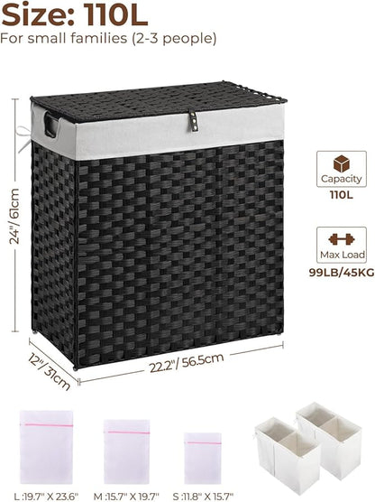 Greenstell Laundry Hamper with lid, No Install Needed, 110L Wicker Laundry Baskets Foldable 2 Removable Liner Bags, 2 Section Clothes Hamper Handwoven Rattan Laundry Basket with Handle, Black