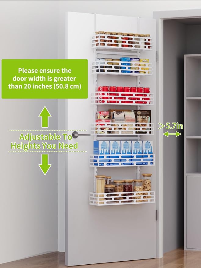 Over the Door Pantry Organizer - 6 Tier Adjustable Pantry Organization and Storage, Hanging Basket Wall Seasoning Shelves, Home & Kitchen Bedroom Bathroom, White