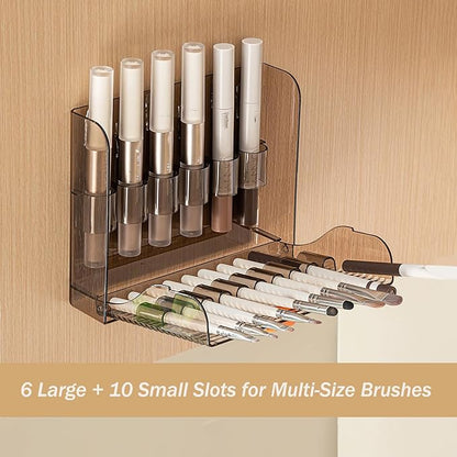 Wall-Mounted Makeup Eyeliner Lip Liner Organizer Holder, 16-Slot Cabinet Storage for Brush, Makeup Pencils, Concealer Pencil Display Case for Vanity Bathroom, Clear