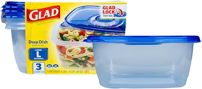 Glad GladWare Deep Dish Food Storage Containers with Lids, Large Rectangle BPA Free Plastic for Soups Salads and Meal Prep, Lock Tight Seal, Microwave Dishwasher Safe, 64 Oz, 3 Count