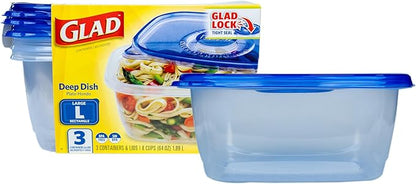 Glad GladWare Deep Dish Food Storage Containers with Lids, Large Rectangle BPA Free Plastic for Soups Salads and Meal Prep, Lock Tight Seal, Microwave Dishwasher Safe, 64 Oz, 3 Count