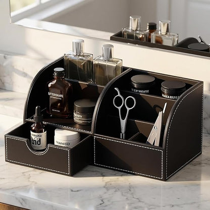 KINGFOM Cologne Organizer for Men, PU Leather Dresser Organizer with Drawer, 11" Countertop Cologne Holder for Watch, Wallet, Keys, Sunglasses, Bathroom Bedroom Nightstand Organizer, Black