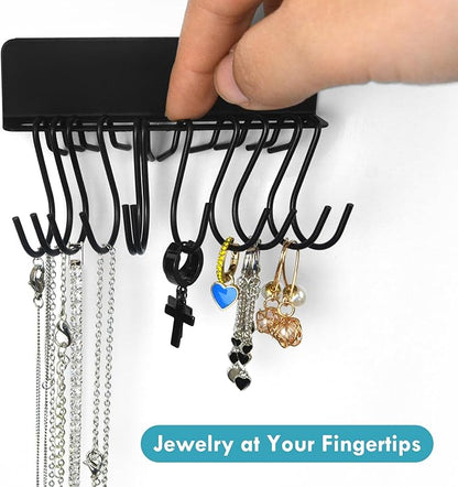 Magnetic & Adhesive Hanging Jewelry Organizers, 4 Pack Small Metal Display Holders of Racks and S Hangers for Necklace Earring Ring Bracelet, Tiny Earring Shelf Mount on Wall Mirror Cabinet Pegboard