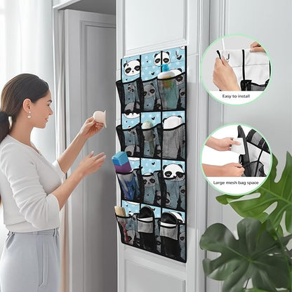 Multi-Functional Over the Door Organizer with 12 Mesh Pockets, Storage Hanging Bag Behind the Door for Shoes Accessories Cleaning Supplies for Home Office Use, Panda