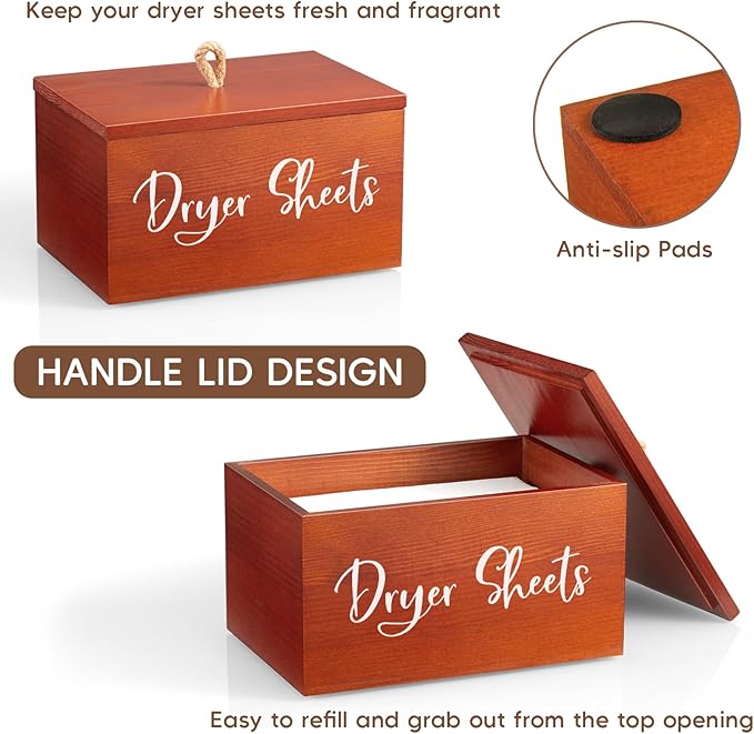 Wood Dryer Sheet Holder - Laundry Sheets Container with Lid - Farmhouse Laundry Room Organization and Storage for Laundry Room Decor and Accessories - Fabric Sheet Dispenser, Red Brown