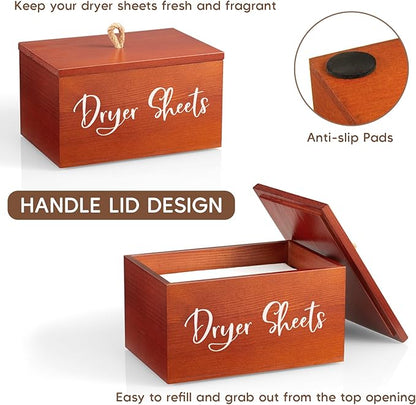 Wood Dryer Sheet Holder - Laundry Sheets Container with Lid - Farmhouse Laundry Room Organization and Storage for Laundry Room Decor and Accessories - Fabric Sheet Dispenser, Red Brown