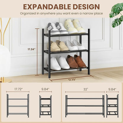 AceMining 3-Tier Expandable Shoe Rack, Adjustable Shoe Rack Shoe Organizer Shoe Shelf, Free Standing Shoe Racks Heavy Duty Metal for Closet Entryway Closet Doorway Front Door Entrance，Black