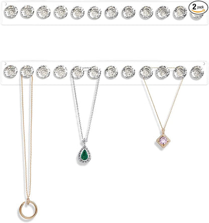 Mymazn 2 Pack Acrylic Necklaces Holder Hanging Jewelry Organizer Wall Mounted Necklace Hangers with 12 Hooks, Clear Jewelry Hangers for Necklace Organizer for Girls Women, Necklace Hooks for Wall