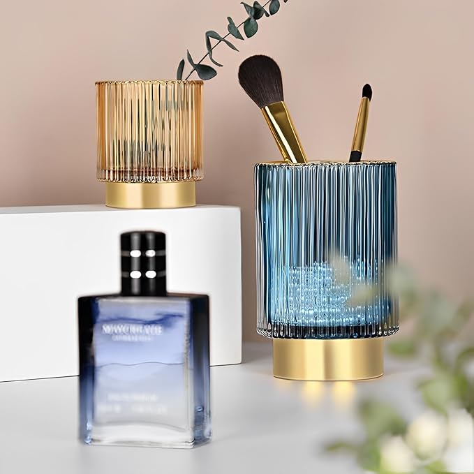 Makeup Brush Holder Organizer, Heavy Crystal Glass Brush Storage Holder, Vintage Cosmetic Make Up Bathroom Brushes Cup Pen Pencil Toothbrush Holder Striped Vase (Large (amber))