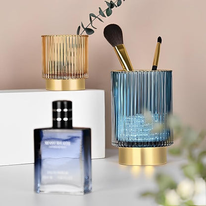 Makeup Brush Holder Organizer, Heavy Crystal Glass Brush Storage Holder, Vintage Cosmetic Make Up Bathroom Brushes Cup Pen Pencil Toothbrush Holder Striped Vase (Large (amber))