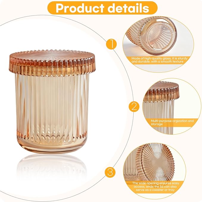 2 Pack Ribbed Glass Qtip Holder with Lid, Apothecary Storage Jars, Bathroom Vanity Countertop Organizer for Cotton Swabs, Cotton Balls, Pads, Floss Picks, Hair Ties, Makeup Accessories (Amber)