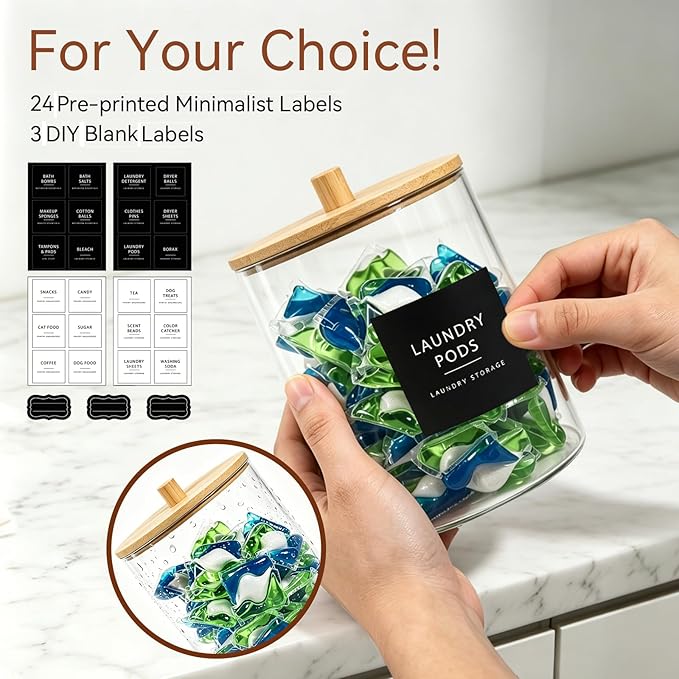 Amolliar Laundry Pods Storage Container, Clear Laundry Room Organization, 2 Pack Large Detergent Container with Bamboo Lids & 27 Labels for Bathroom Organizer (Natural, 0.6+0.4Gal)